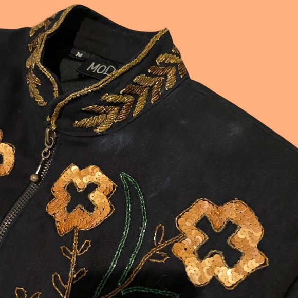 🌸sold💋Vintage MODI Denim Black Floral Sequin Beaded Cropped Jacket Sz Medium - Picture 4 of 5
